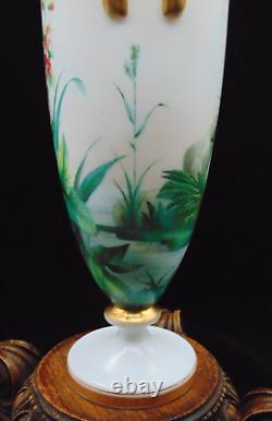 Antique Harrach Opaline Art Glass Urn Vase with Hand Painted Floral & Aquatic Bird