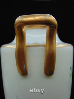 Antique Harrach Opaline Art Glass Urn Vase with Hand Painted Floral & Aquatic Bird