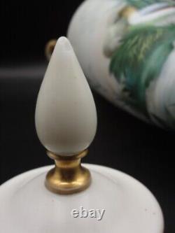 Antique Harrach Opaline Art Glass Urn Vase with Hand Painted Floral & Aquatic Bird
