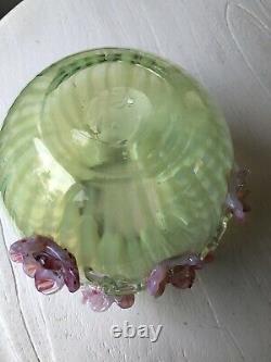 Antique Harrach Or Stevens & Williams Vaseline Opalescent Glass Rose Bowl 1890s