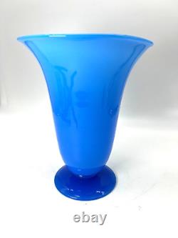 Antique Large French Blue Opalescent Trumpet Top Glass Vase