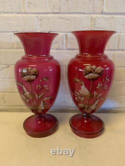 Antique Large Pair of Opaline Cased Glass Vases with Enamel Floral Decoration