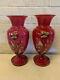 Antique Large Pair Of Opaline Cased Glass Vases With Enamel Floral Decoration