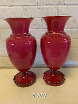 Antique Large Pair of Opaline Cased Glass Vases with Enamel Floral Decoration