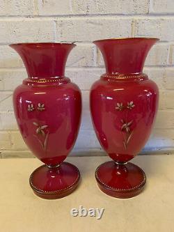 Antique Large Pair of Opaline Cased Glass Vases with Enamel Floral Decoration