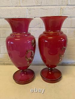 Antique Large Pair of Opaline Cased Glass Vases with Enamel Floral Decoration