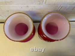 Antique Large Pair of Opaline Cased Glass Vases with Enamel Floral Decoration