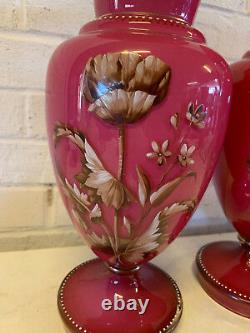 Antique Large Pair of Opaline Cased Glass Vases with Enamel Floral Decoration