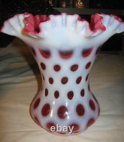 Antique Lg Cranberry Fenton Coindot Glass Flower Garden Opalescent Art Vase Mint