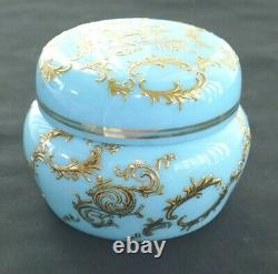Antique MOSER Blue Opaline Milk Glass Gold Enamel Filigree Trinket Dresser Box