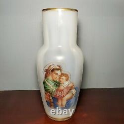 Antique Madonna of the Chair Large White Opaline Glass Vase 12 Tall