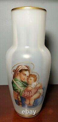 Antique Madonna of the Chair Large White Opaline Glass Vase 12 Tall