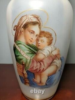 Antique Madonna of the Chair Large White Opaline Glass Vase 12 Tall