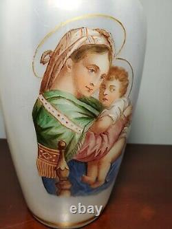 Antique Madonna of the Chair Large White Opaline Glass Vase 12 Tall