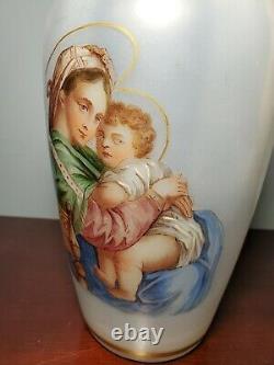 Antique Madonna of the Chair Large White Opaline Glass Vase 12 Tall