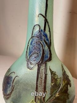 Antique Mont Joye Legras France French Cameo Art Cotton Plant Opaline Glass Vase
