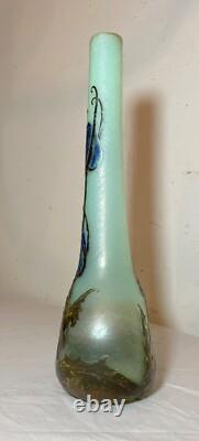 Antique Mont Joye Legras France French Cameo Art Cotton Plant Opaline Glass Vase