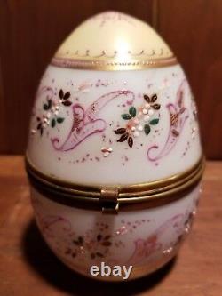 Antique Moser Opaline egg jewel box with raised gold enamel baby blue and cream