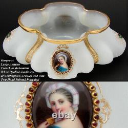 Antique Moser or French White Opaline 9 Jardiniere, Centerpiece, HP Portraits