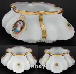 Antique Moser or French White Opaline 9 Jardiniere, Centerpiece, HP Portraits