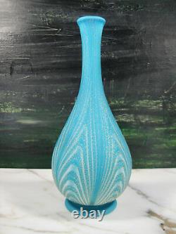 Antique Murano Satin Art Glass Feathered Bottle Vase Opaline Blue White & Gold