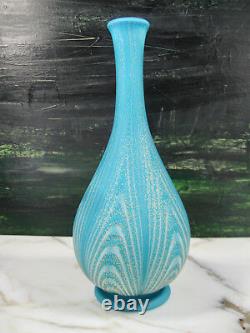 Antique Murano Satin Art Glass Feathered Bottle Vase Opaline Blue White & Gold