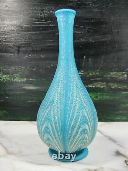 Antique Murano Satin Art Glass Feathered Bottle Vase Opaline Blue White & Gold