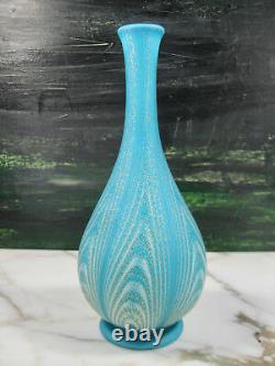 Antique Murano Satin Art Glass Feathered Bottle Vase Opaline Blue White & Gold