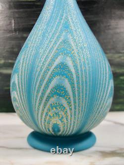 Antique Murano Satin Art Glass Feathered Bottle Vase Opaline Blue White & Gold