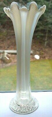 Antique Northwood Feathers Opalescent White Swung Art Glass Vase 12 Tall Rare