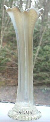 Antique Northwood Feathers Opalescent White Swung Art Glass Vase 12 Tall Rare