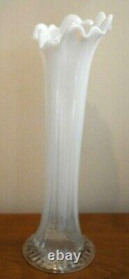 Antique Northwood Feathers Opalescent White Swung Art Glass Vase 12 Tall Rare