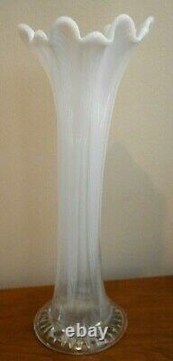 Antique Northwood Feathers Opalescent White Swung Art Glass Vase 12 Tall Rare