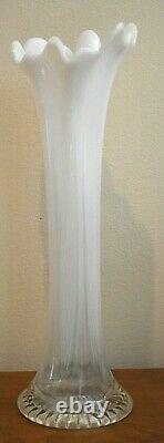 Antique Northwood Feathers Opalescent White Swung Art Glass Vase 12 Tall Rare