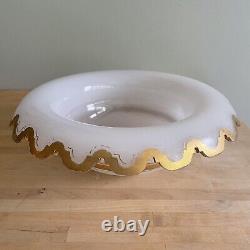Antique Opaline Glass Bowl Scalloped Hand Painted Gold Trim Art Deco Opalescent