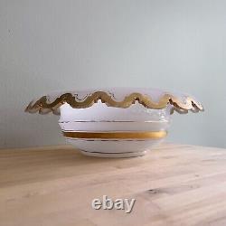 Antique Opaline Glass Bowl Scalloped Hand Painted Gold Trim Art Deco Opalescent