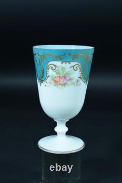 Antique Opaline Glass Chalice Rose Bouquet Art Nouveau Signed Souvenir Paris