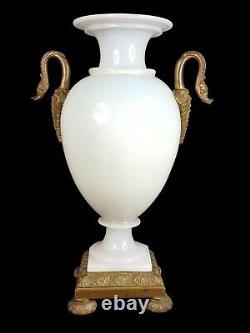 Antique Opaline Glass Vase on Patinated Bronze Pedestal Opal Crystal Swans