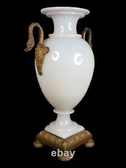 Antique Opaline Glass Vase on Patinated Bronze Pedestal Opal Crystal Swans