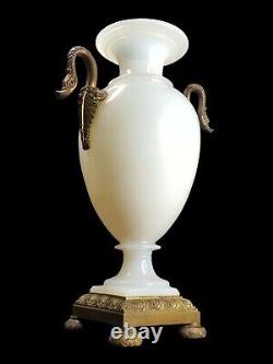 Antique Opaline Glass Vase on Patinated Bronze Pedestal Opal Crystal Swans