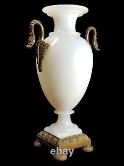 Antique Opaline Glass Vase on Patinated Bronze Pedestal Opal Crystal Swans