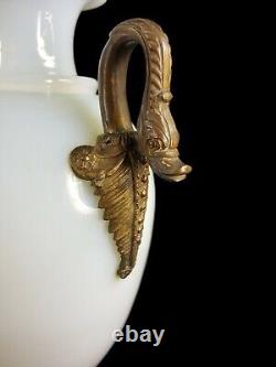 Antique Opaline Glass Vase on Patinated Bronze Pedestal Opal Crystal Swans