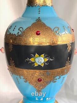 Antique-Opaline Vase-BLUE-LARGE-Art Glass Jewel Vase-Vase Blue Gold Enamel