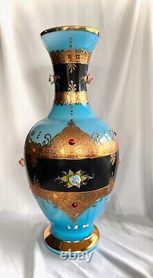 Antique-Opaline Vase-BLUE-LARGE-Art Glass Jewel Vase-Vase Blue Gold Enamel