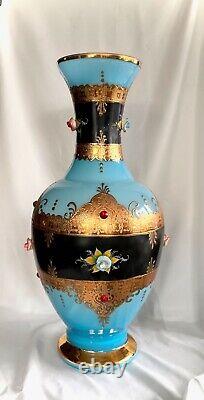 Antique-Opaline Vase-BLUE-LARGE-Art Glass Jewel Vase-Vase Blue Gold Enamel