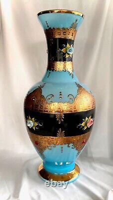 Antique-Opaline Vase-BLUE-LARGE-Art Glass Jewel Vase-Vase Blue Gold Enamel