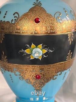 Antique-Opaline Vase-BLUE-LARGE-Art Glass Jewel Vase-Vase Blue Gold Enamel