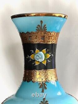 Antique-Opaline Vase-BLUE-LARGE-Art Glass Jewel Vase-Vase Blue Gold Enamel