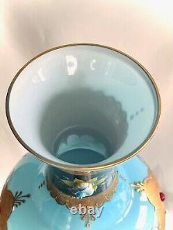 Antique-Opaline Vase-BLUE-LARGE-Art Glass Jewel Vase-Vase Blue Gold Enamel