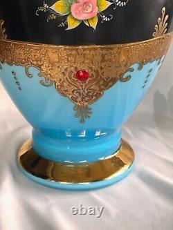 Antique-Opaline Vase-BLUE-LARGE-Art Glass Jewel Vase-Vase Blue Gold Enamel